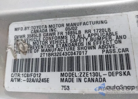 2003 Toyota Corolla S z USA, uszkodzony, nr VIN 2T1BR32E43C047017